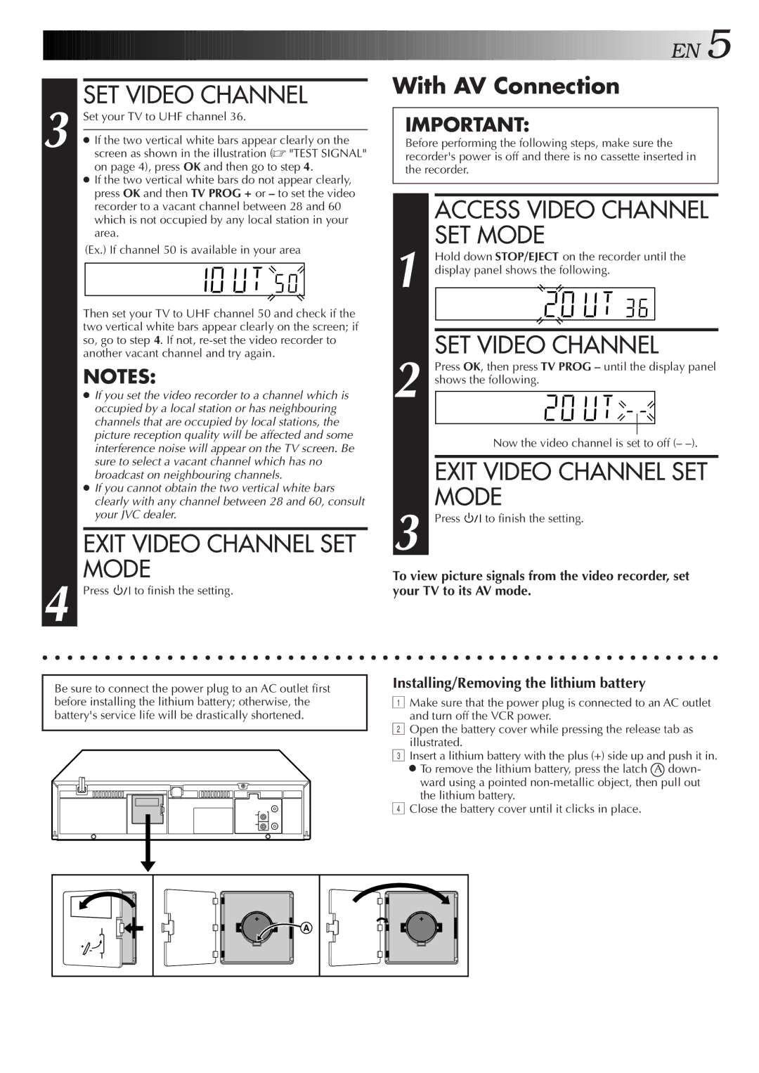 JVC HR-J255EE, HR-J458EE SET Video Channel, Exit Video Channel SET Mode, With AV Connection, Set your TV to UHF channel 