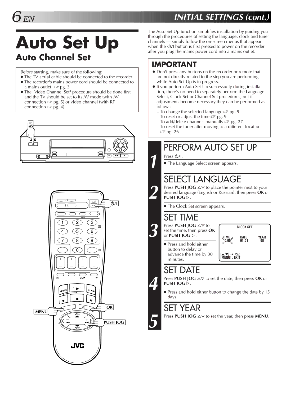 JVC HR-J458EE, HR-J258EE, HR-J255EE specifications Auto Set Up, SET Time, SET Date 