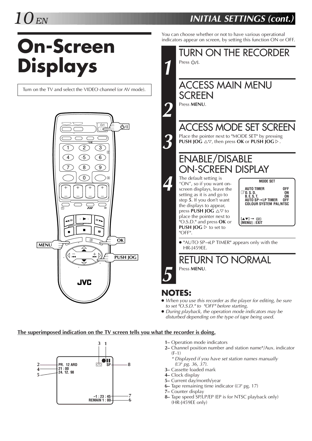 JVC HR-J459EE, HR-J259EE On-Screen Displays, ENABLE/DISABLE ON-SCREEN Display, Return to Normal, Initial Settings 