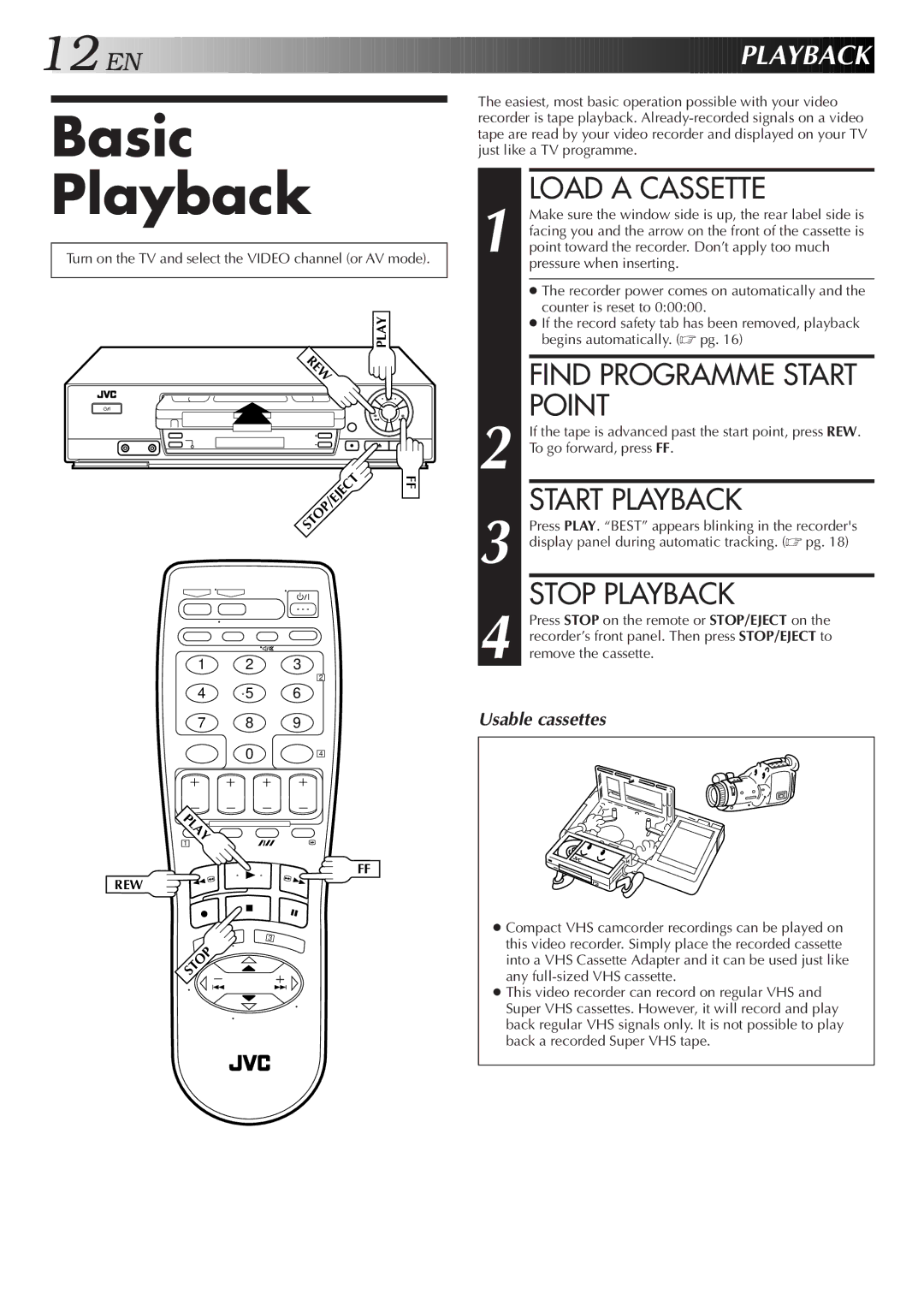 JVC HR-J459EE, HR-J259EE specifications Basic Playback, Load a Cassette, Point, Start Playback, Stop Playback 