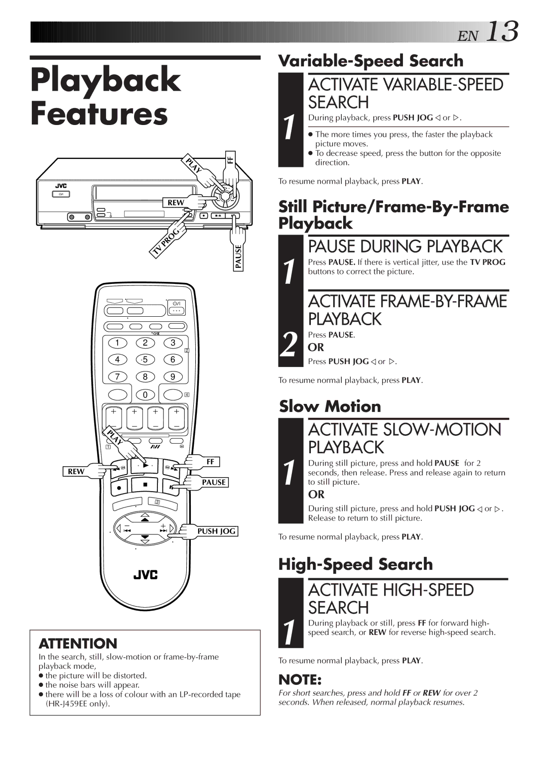 JVC HR-J259EE, HR-J459EE specifications Playback Features, Activate HIGH-SPEED Search 