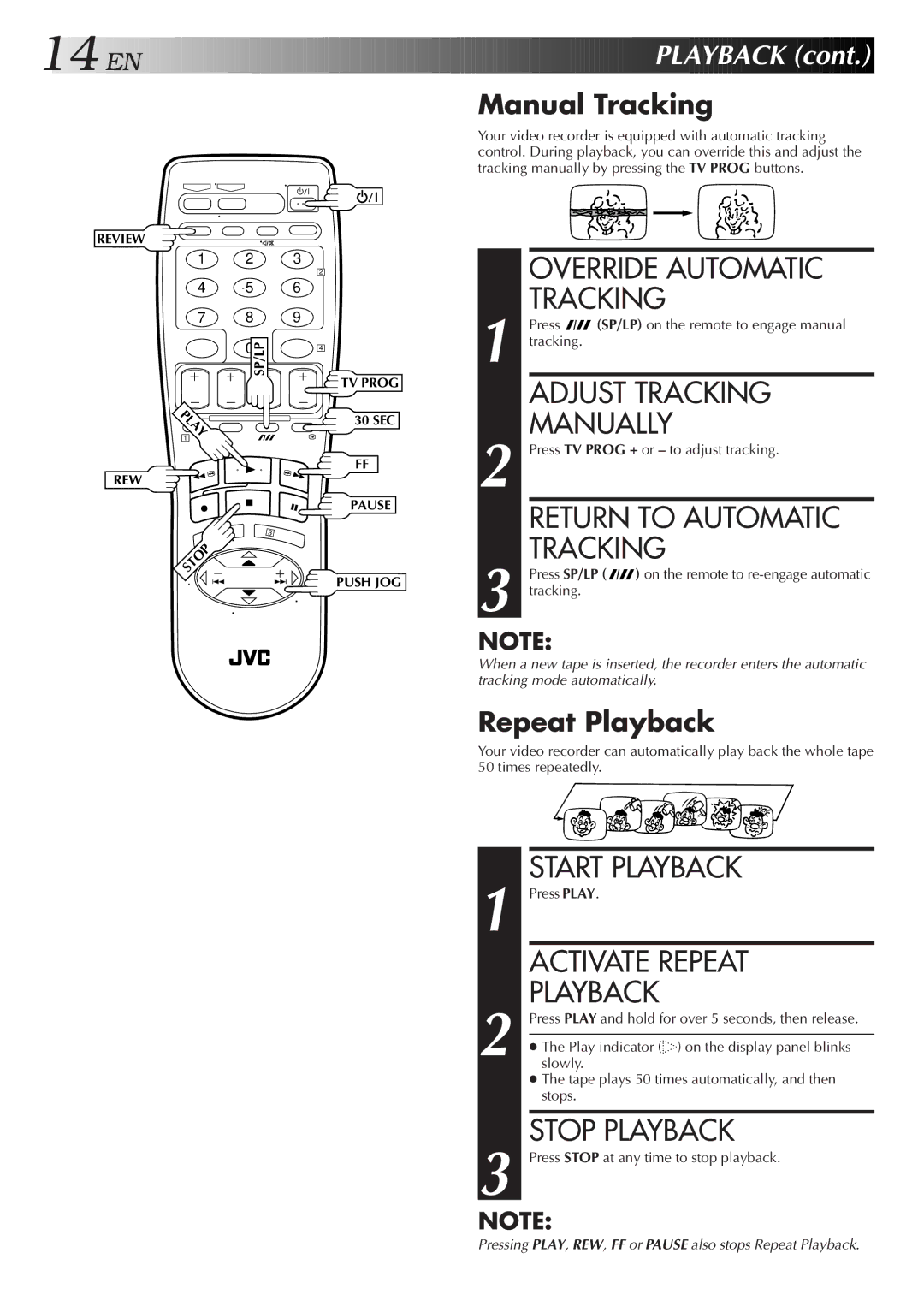 JVC HR-J459EE, HR-J259EE Override Automatic Tracking, Adjust Tracking Manually, Return to Automatic Tracking, EN Playback 