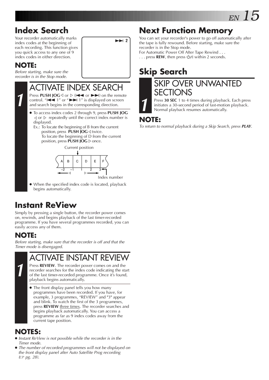 JVC HR-J259EE, HR-J459EE specifications Activate Index Search, Activate Instant Review, Skip Over Unwanted, Sections 