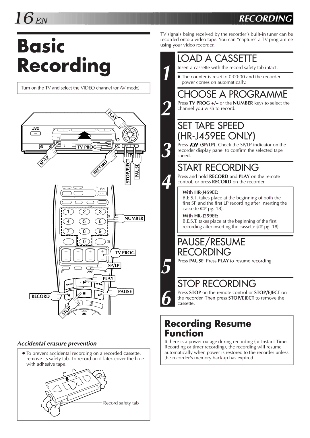 JVC HR-J459EE, HR-J259EE specifications Basic Recording 