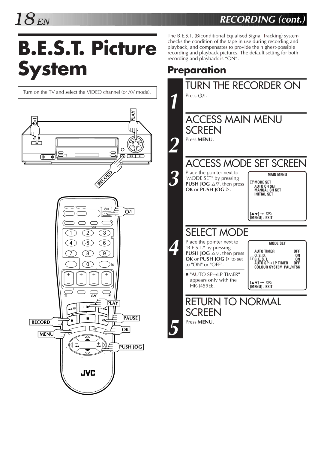 JVC HR-J459EE, HR-J259EE specifications S.T. Picture System, Access Mode SET Screen, Select Mode, EN Recording, Preparation 