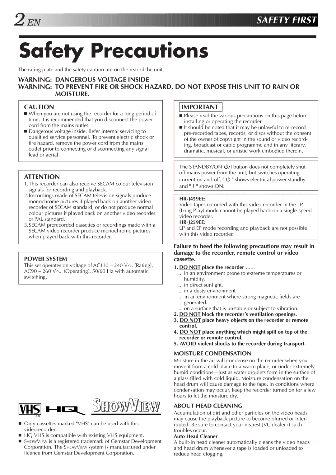 JVC HR-J459EE specifications Safety Precautions, HR-J259EE, Do not place the recorder, Auto Head Cleaner 