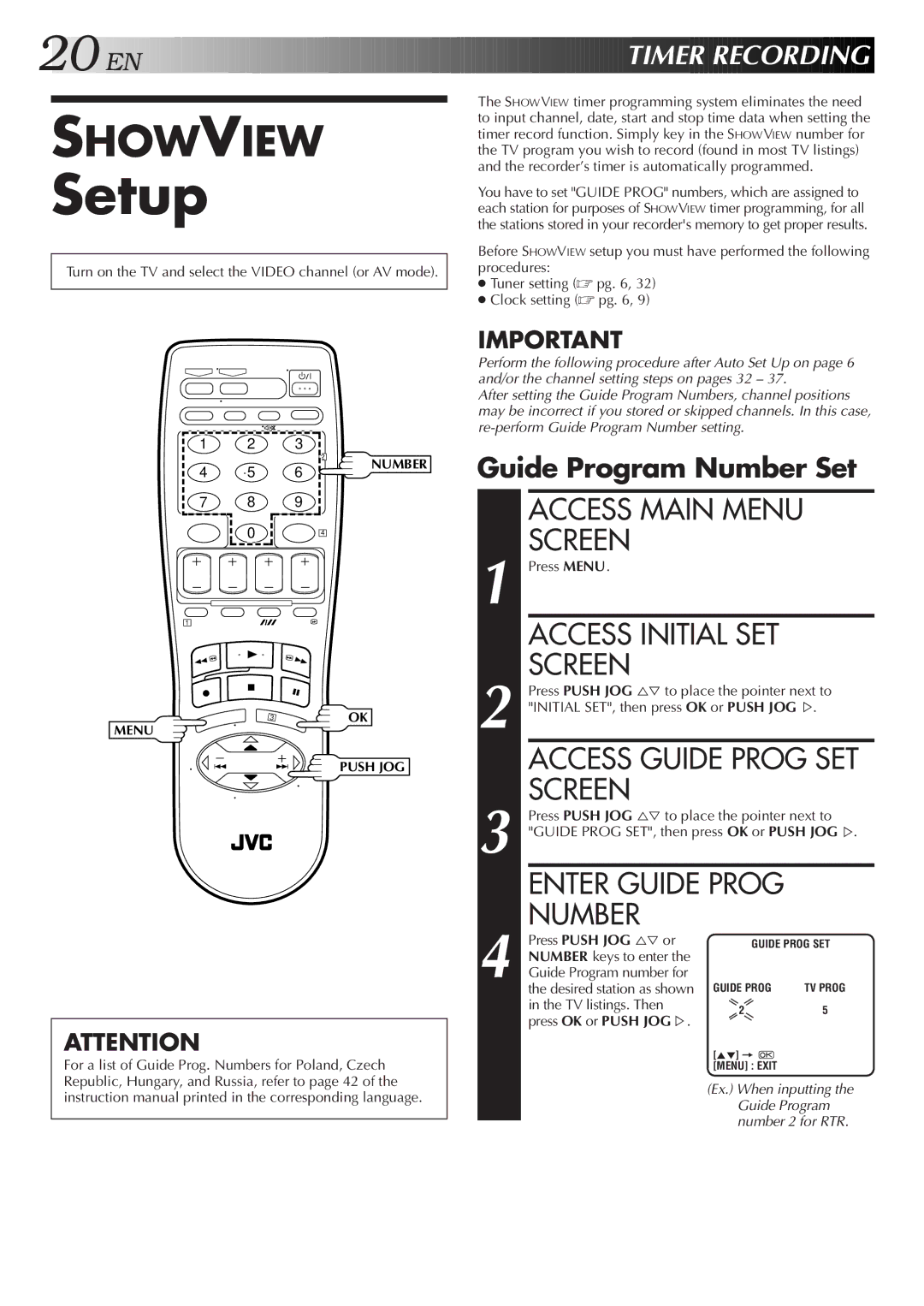 JVC HR-J459EE, HR-J259EE specifications Setup, EN Timer Recording, Guide Program Number Set 