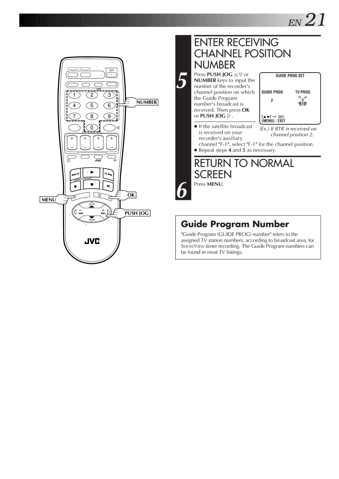 JVC HR-J259EE, HR-J459EE specifications Enter Receiving Channel Position Number, Press Push JOG %Þor, Or Push JOG% 