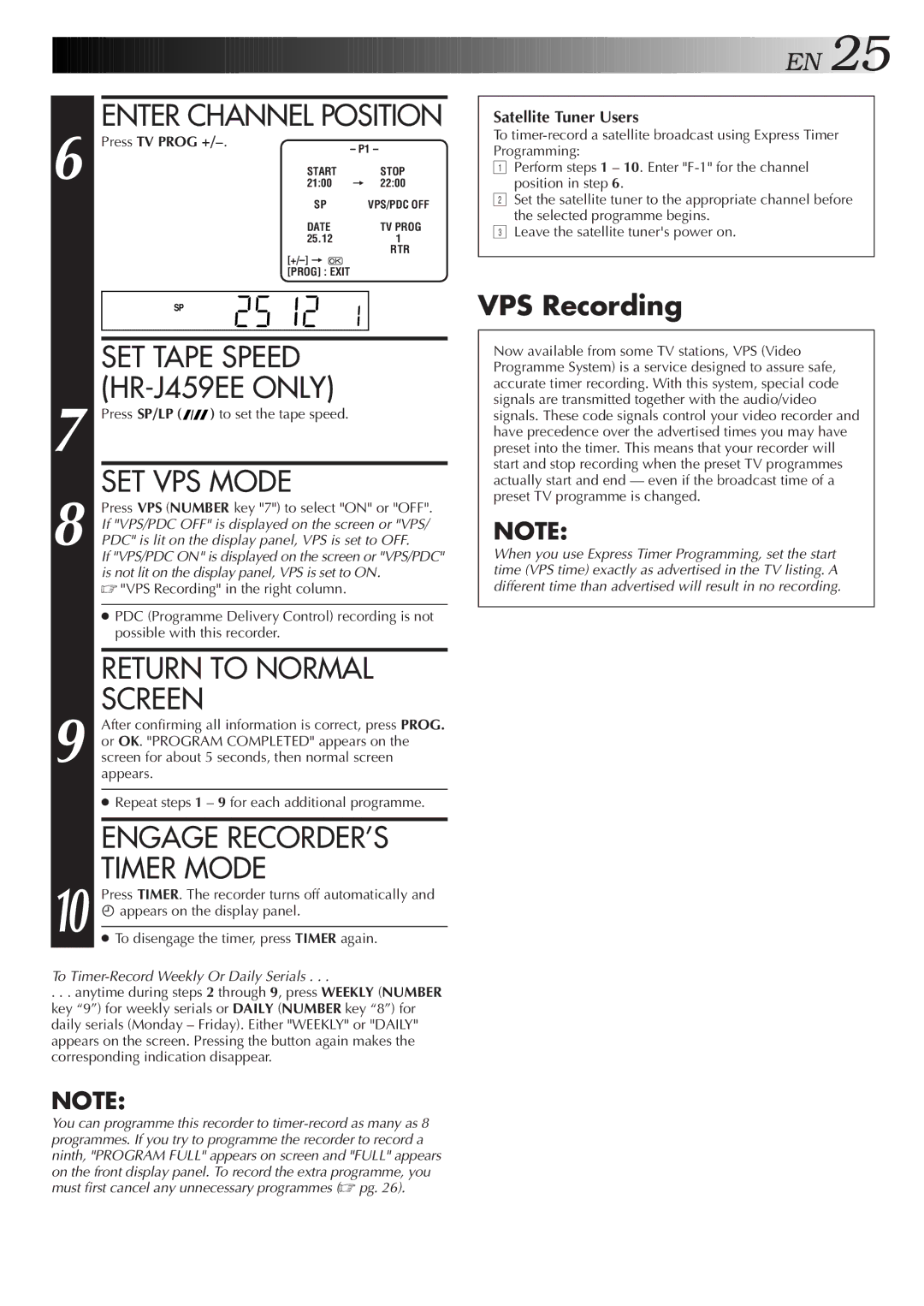 JVC HR-J259EE, HR-J459EE specifications SET Tape Speed, SET VPS Mode, Engage RECORDER’S, Timer Mode, VPS Recording 