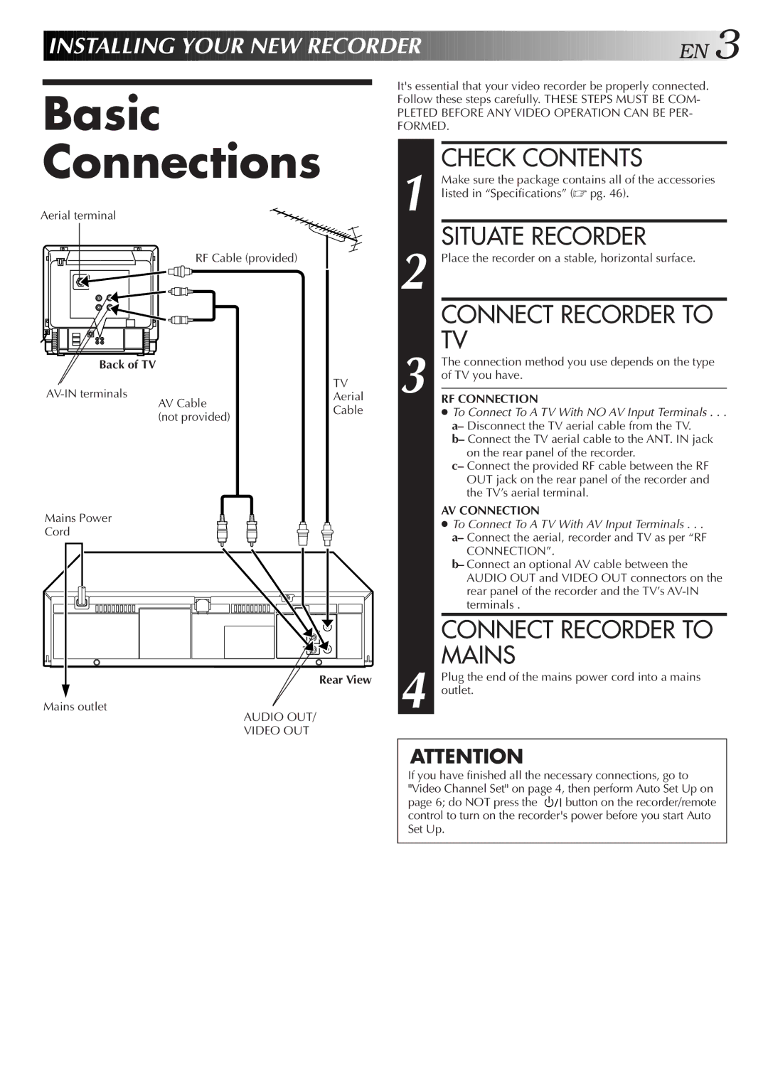 JVC HR-J259EE, HR-J459EE specifications Basic Connections, Check Contents, Situate Recorder, Connect Recorder to Mains 