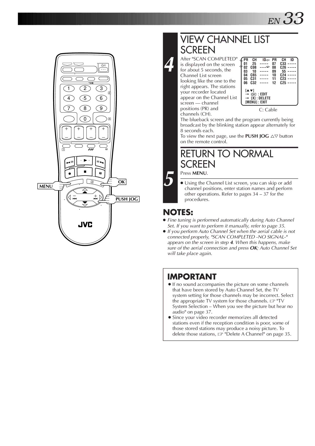 JVC HR-J259EE After Scan Completed Is displayed on the screen, For about 5 seconds, Channel List screen, Screen channel 