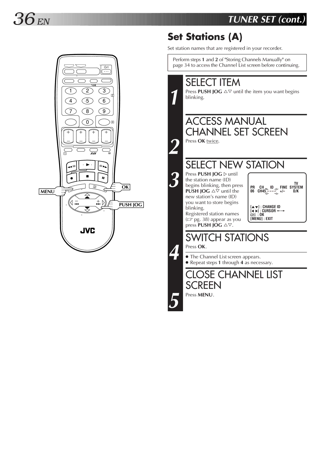 JVC HR-J459EE, HR-J259EE specifications Switch Stations, EN Tuner SET, Set Stations a 