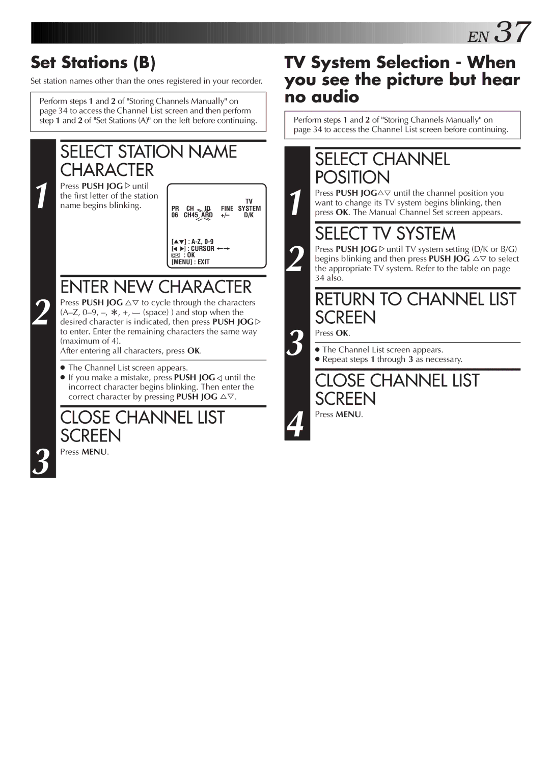 JVC HR-J259EE, HR-J459EE Select Station Name Character, Select Channel, Position, Select TV System, Set Stations B 