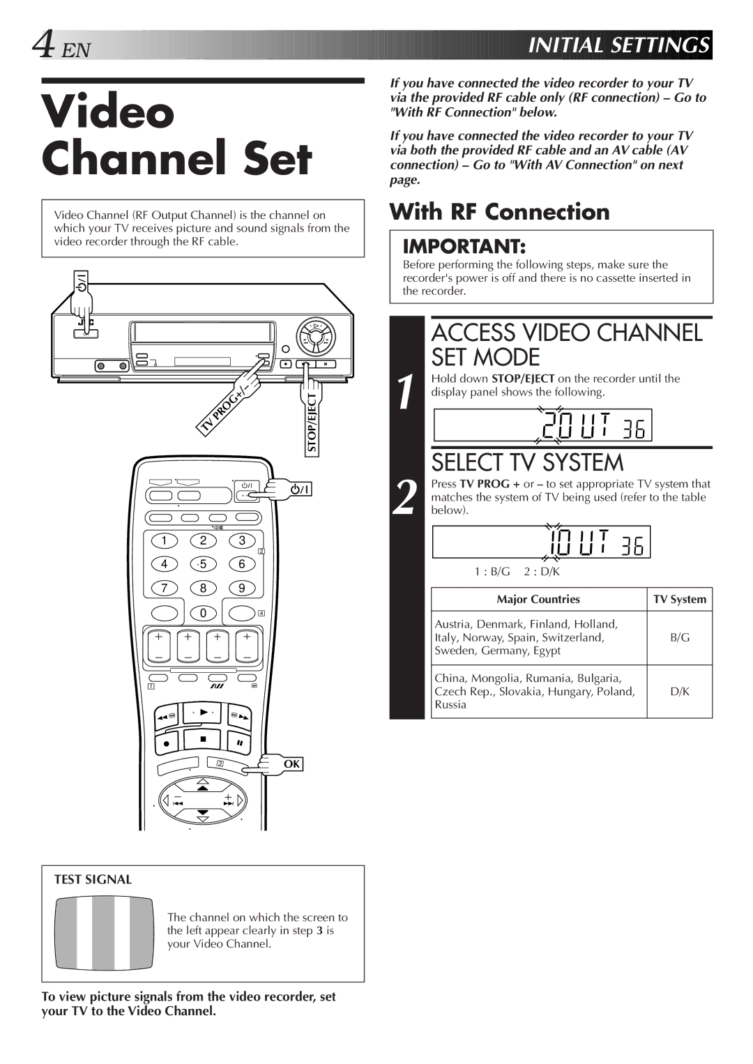 JVC HR-J459EE, HR-J259EE Video Channel Set, Access Video Channel SET Mode, EN I Nitial Sett Ings, With RF Connection 