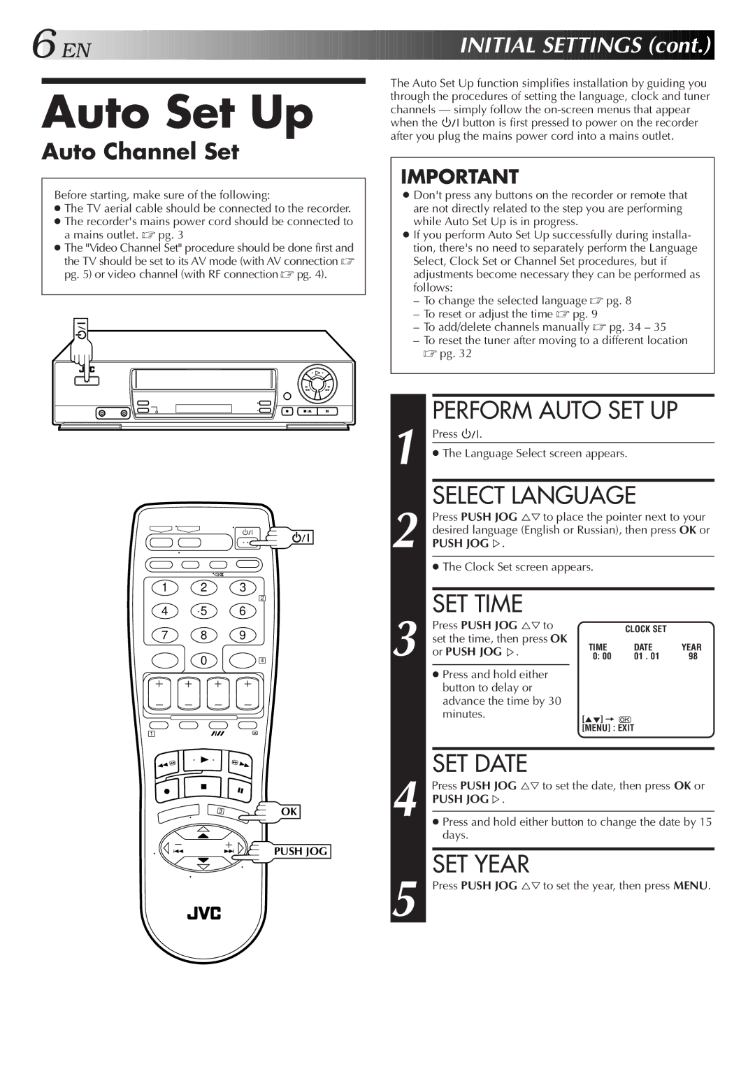 JVC HR-J459EE, HR-J259EE specifications Auto Set Up, Select Language, SET Time, SET Date, SET Year 