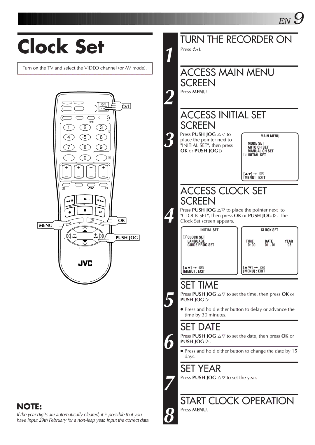 JVC HR-J259EE, HR-J459EE Clock Set, Turn the Recorder on, Access Clock SET Screen, SET Date, Start Clock Operation 