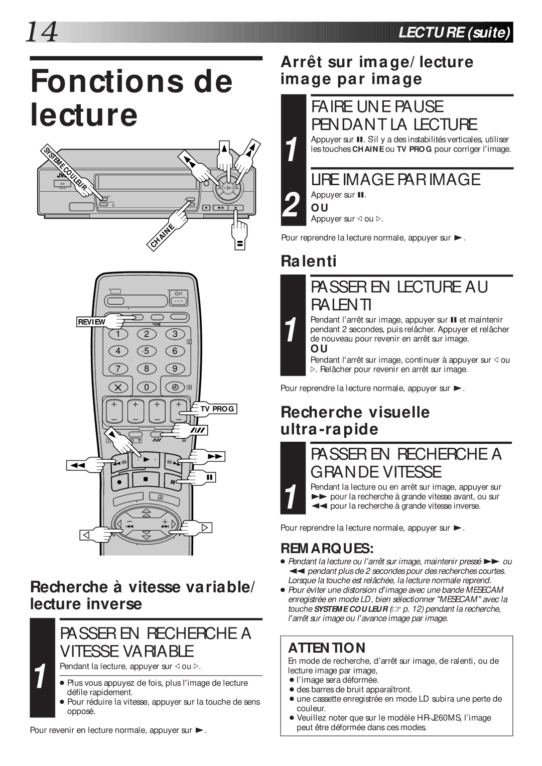 JVC HR-J260MS, HR-J460MS, HR-J660MS manual Fonctions de lecture 