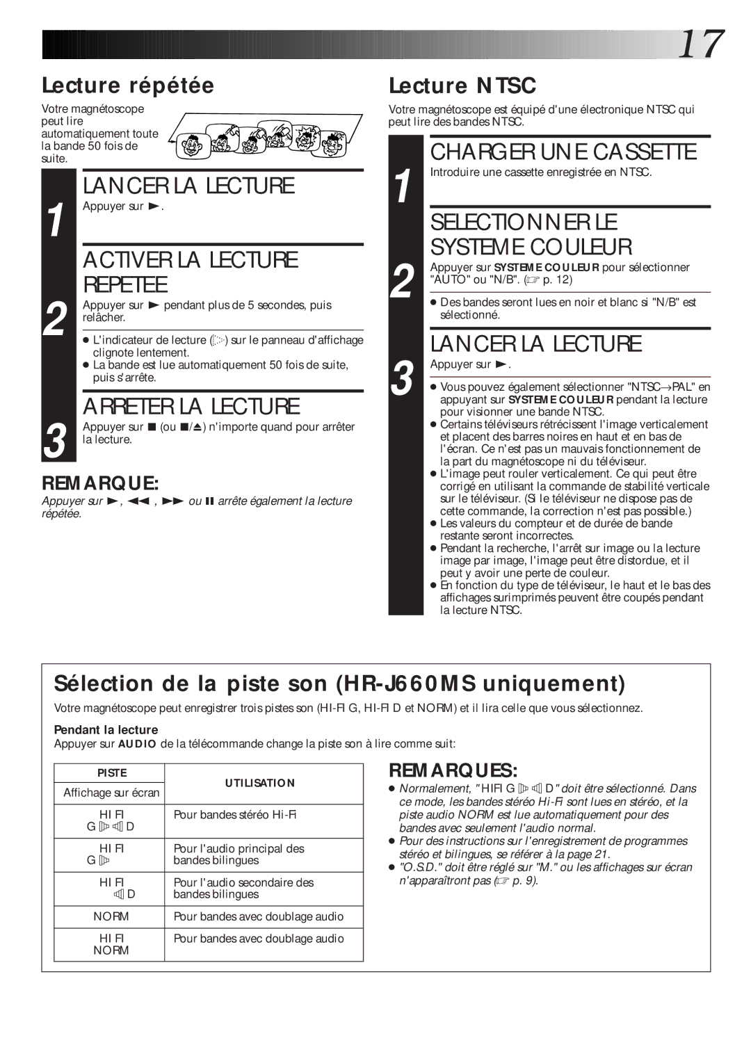 JVC HR-J260MS, HR-J460MS, HR-J660MS manual Lancer LA Lecture, Activer LA Lecture, Repetee, Selectionner LE 