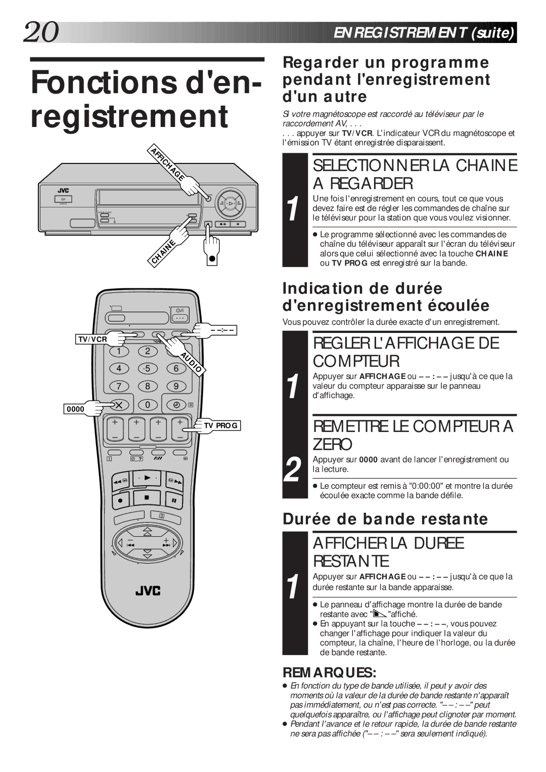 JVC HR-J260MS, HR-J460MS manual Fonctions den- registrement, Selectionner LA Chaine Regarder, Regler Laffichage DE Compteur 