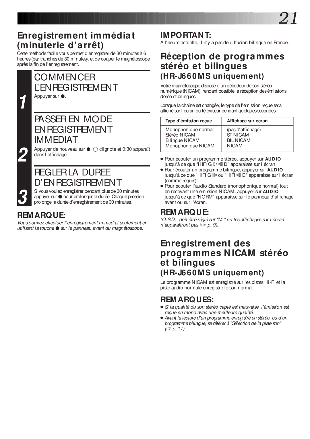 JVC HR-J460MS, HR-J660MS, HR-J260MS manual Passer EN Mode Enregistrement Immediat, Regler LA Duree ’ENREGISTREMENT 