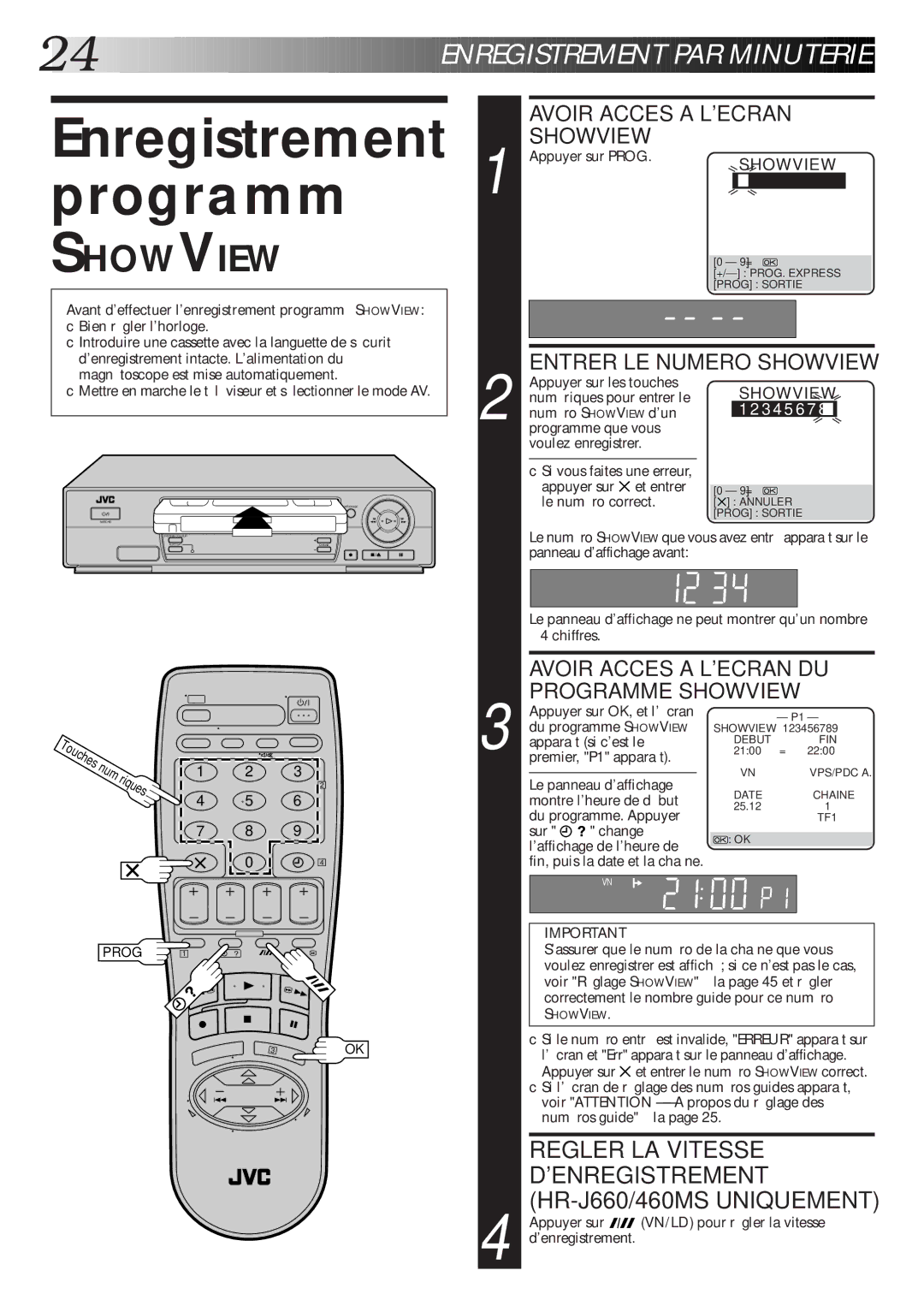 JVC HR-J460MS, HR-J660MS, HR-J260MS Enregistrement programmé, Regler LA Vitesse Denregistrement HR-J660/460MS Uniquement 