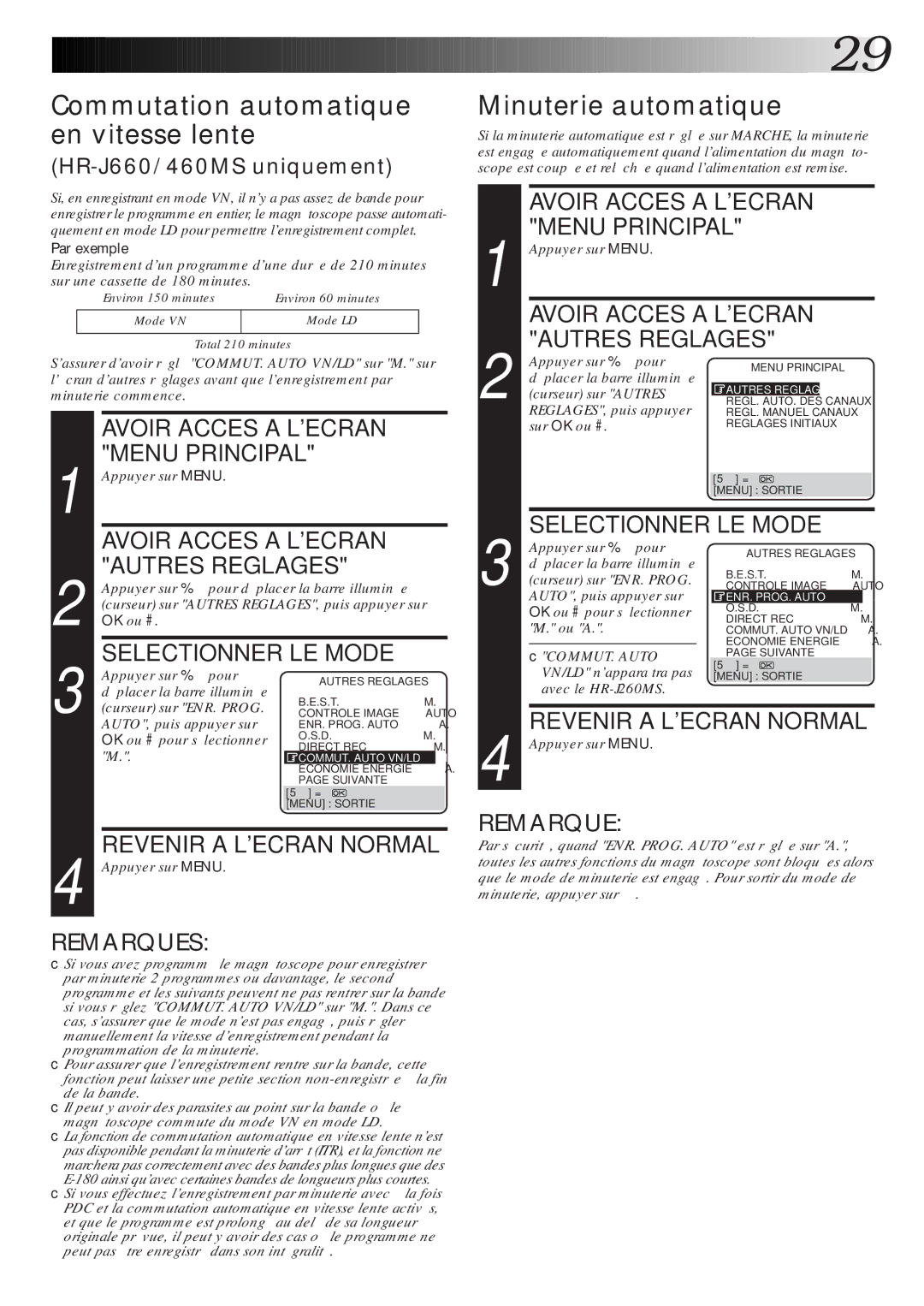 JVC HR-J260MS, HR-J460MS, HR-J660MS manual Commutation automatique en vitesse lente, Minuterie automatique 