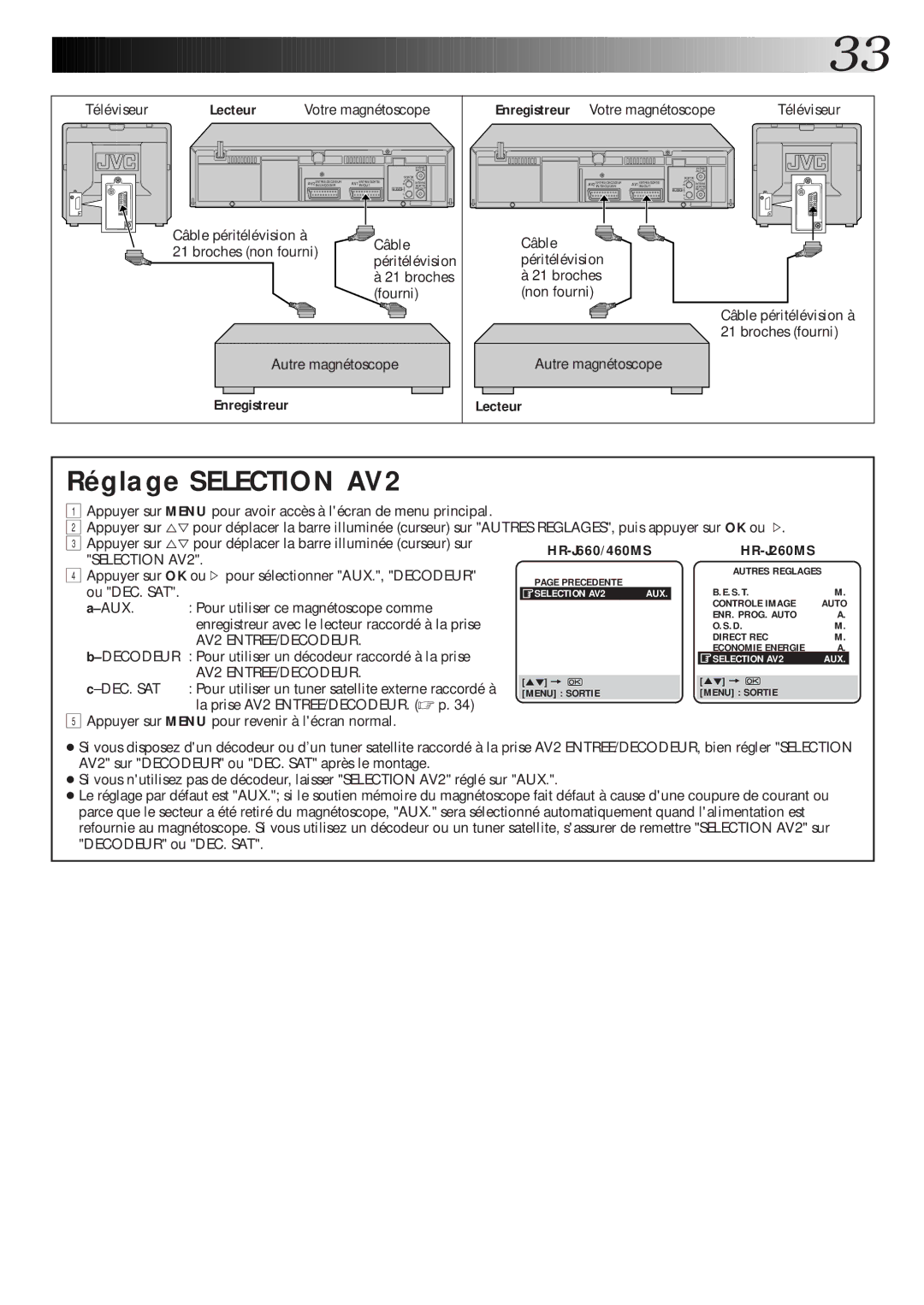 JVC HR-J460MS, HR-J660MS, HR-J260MS manual Réglage Selection AV2 