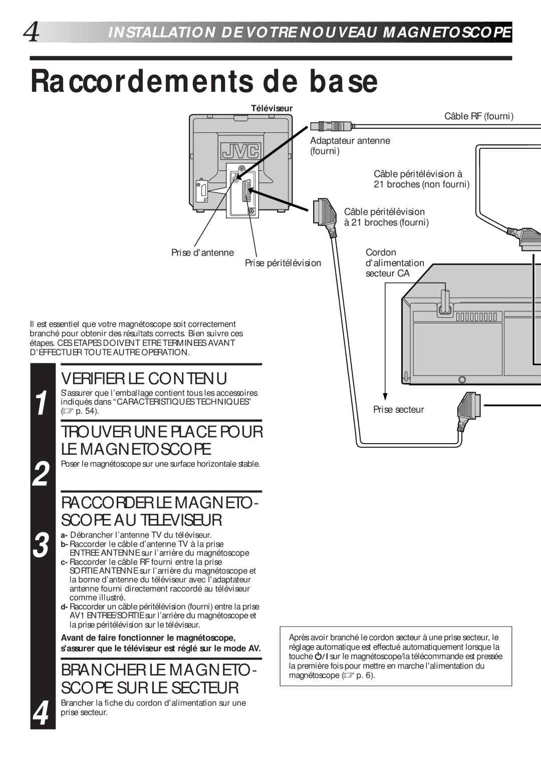 JVC HR-J660MS, HR-J460MS, HR-J260MS manual Raccordements de base, Verifier LE Contenu, LE Magnetoscope, Scope AU Televiseur 