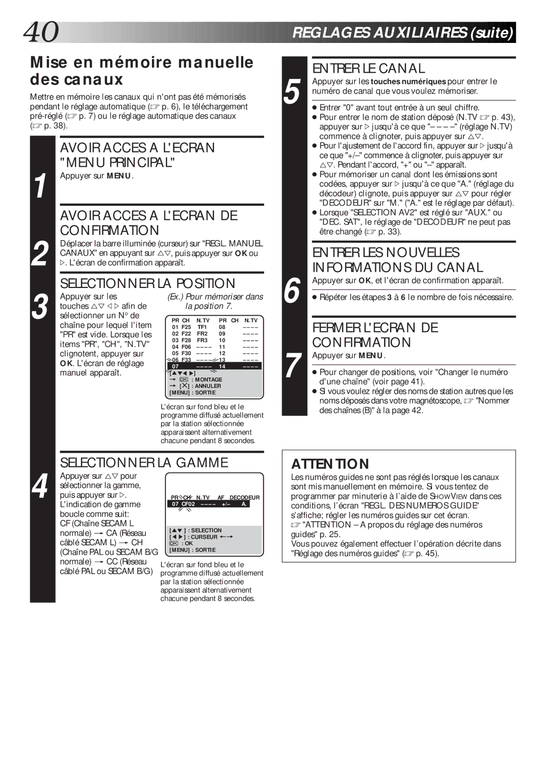 JVC HR-J660MS, HR-J460MS, HR-J260MS manual Mise en mémoire manuelle des canaux, Confirmation, Selectionner LA Gamme 