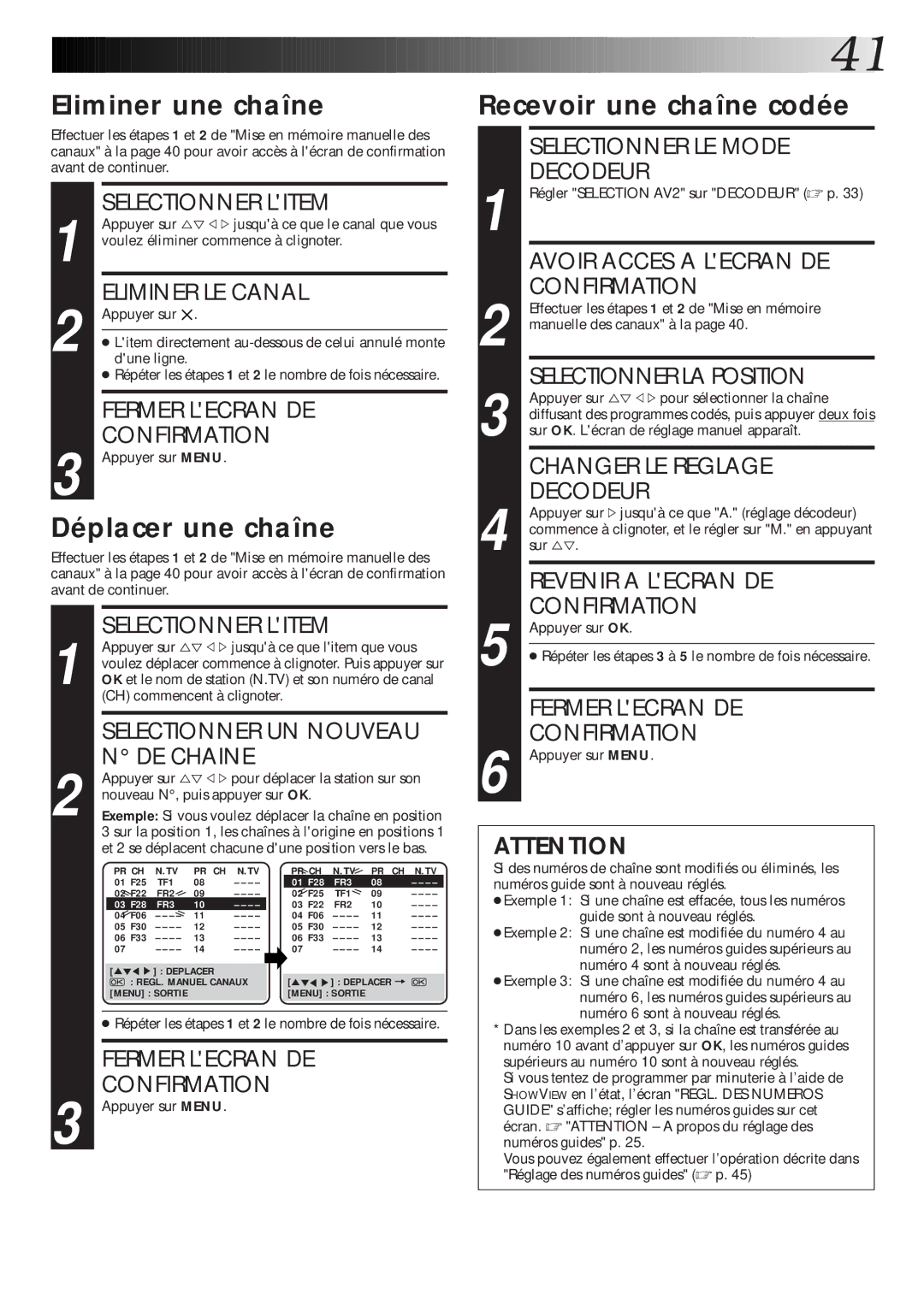 JVC HR-J260MS Eliminer une chaîne, Déplacer une chaîne, Recevoir une chaîne codée, Selectionner UN Nouveau, DE Chaine 