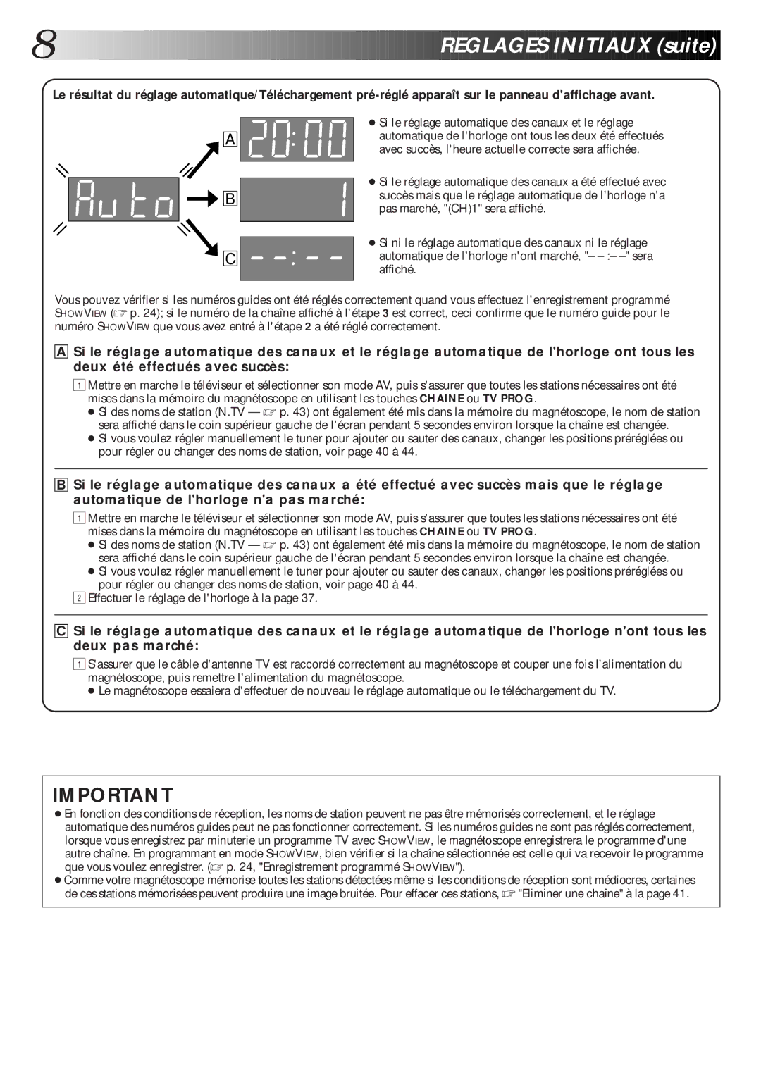 JVC HR-J260MS, HR-J460MS, HR-J660MS manual Reglages Initiaux suite 