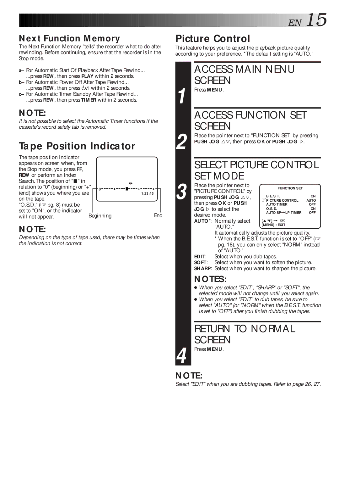 JVC HR-J461MS specifications Access Main Nenu Screen, SET Mode, Tape Position Indicator, Picture Control 