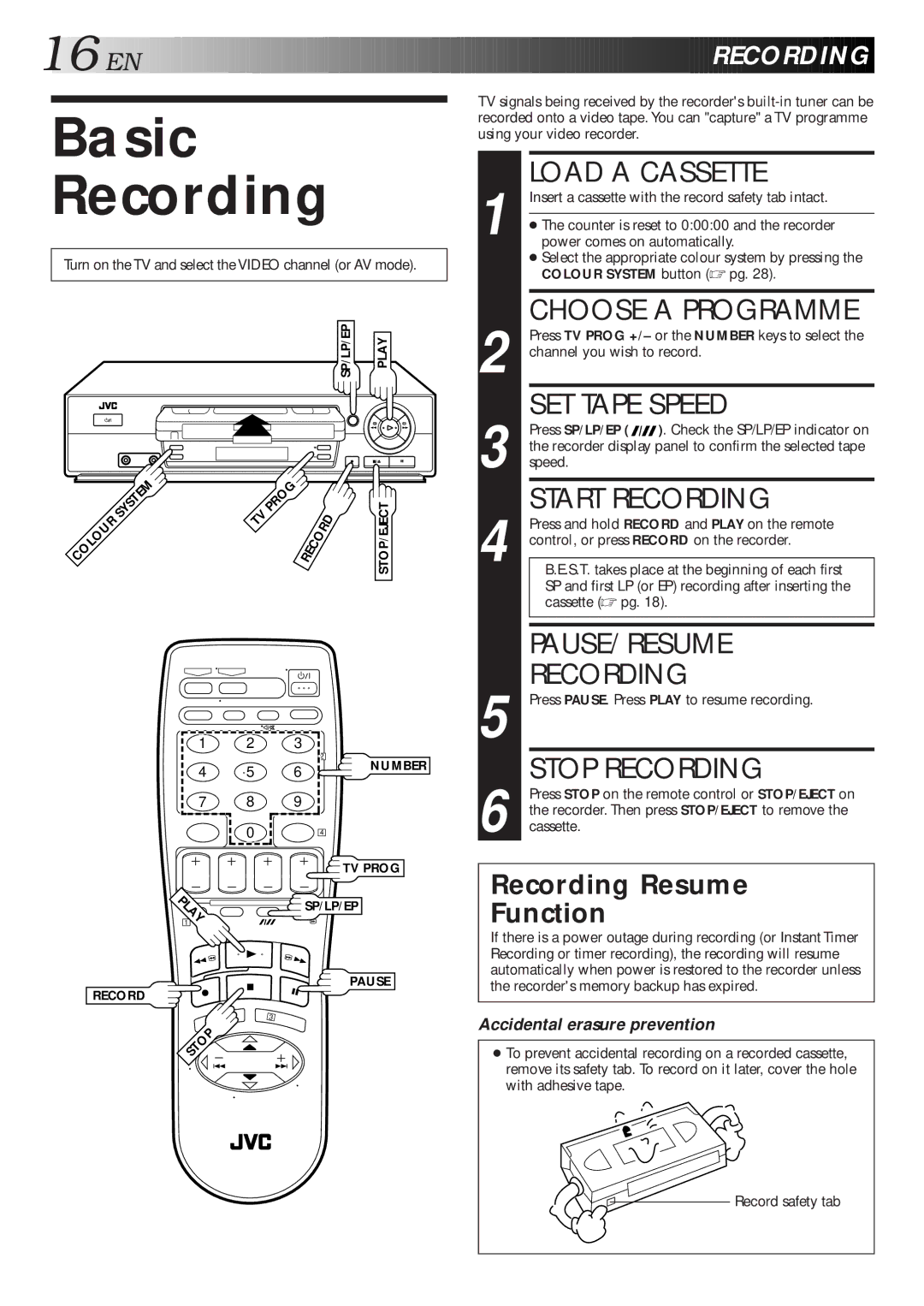 JVC HR-J461MS specifications Basic Recording 