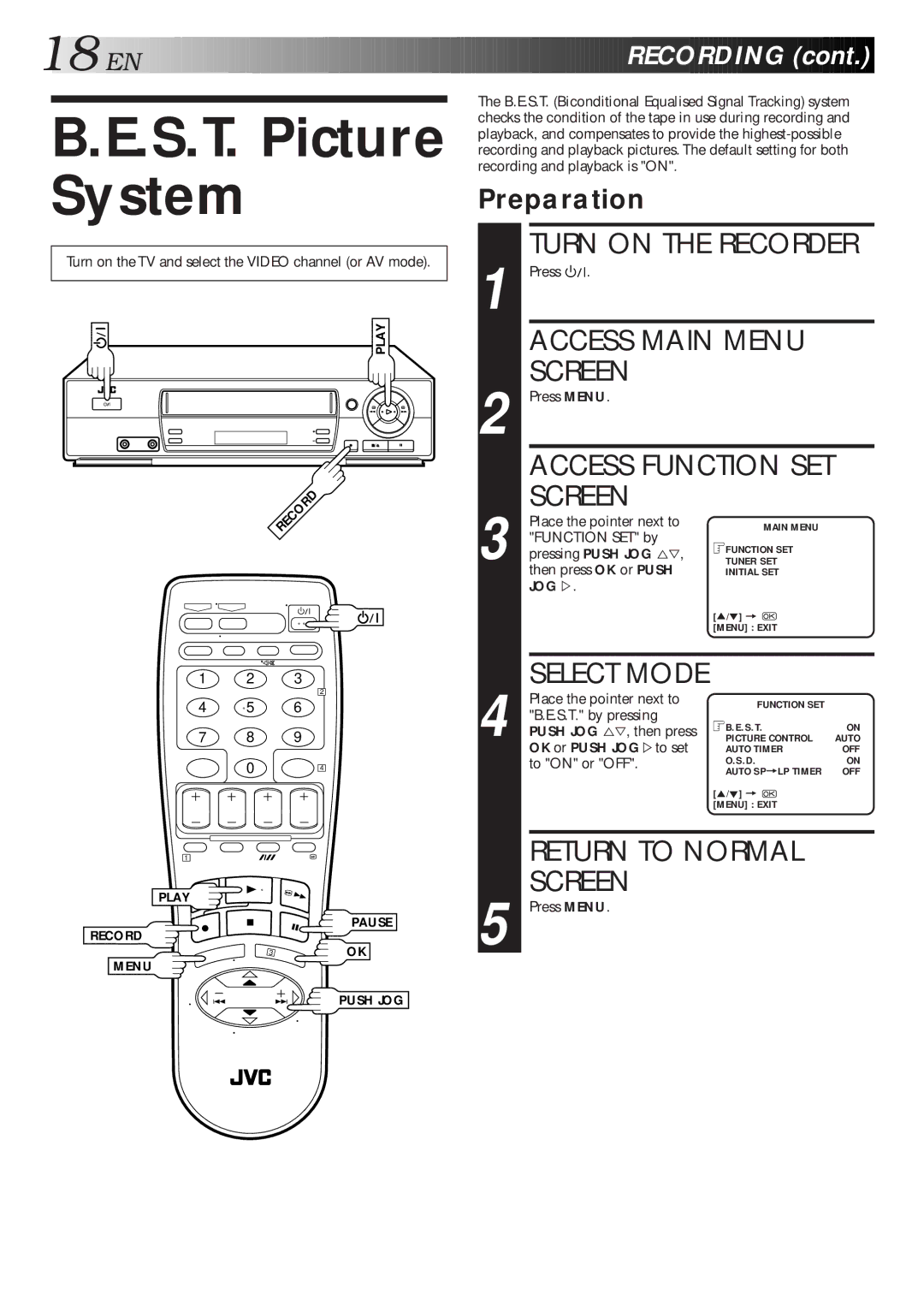 JVC HR-J461MS specifications S.T. Picture System, EN Recording, Preparation 