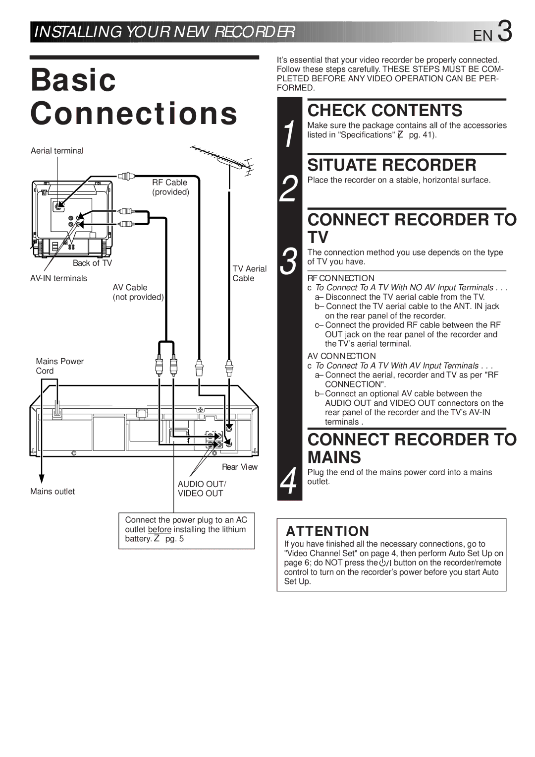 JVC HR-J461MS specifications Basic Connections, Check Contents, Situate Recorder, Connect Recorder to Mains, Back of TV 