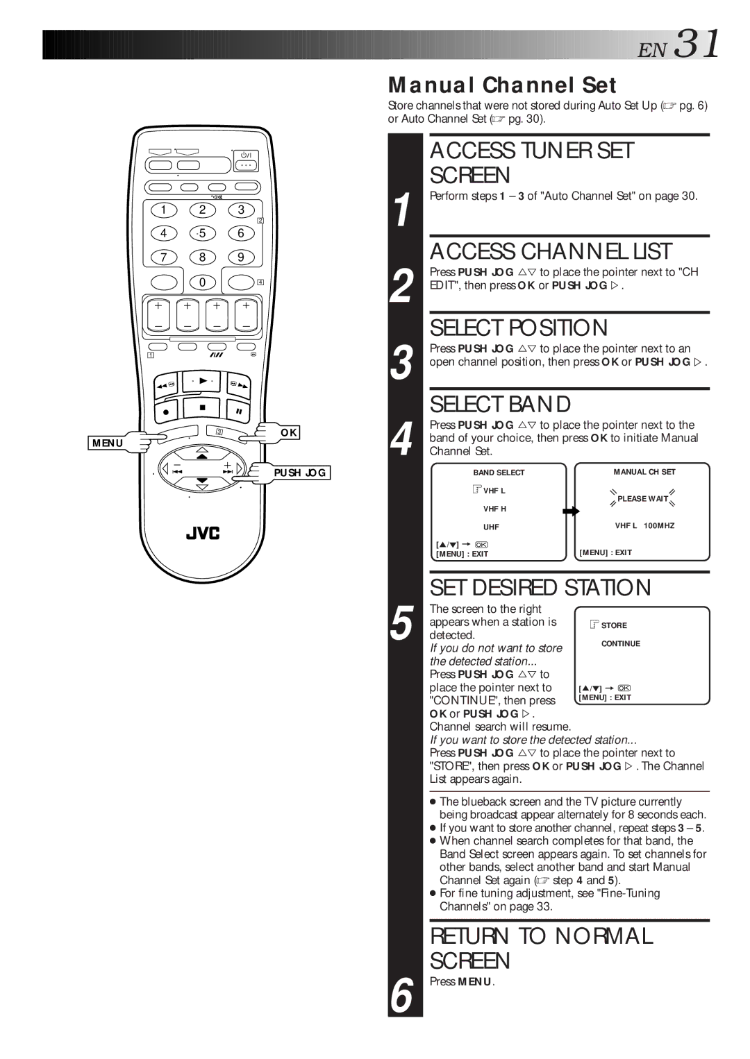 JVC HR-J461MS Access Channel List, Select Position, SET Desired Station, Manual Channel Set, OK or Push JOG Þ 