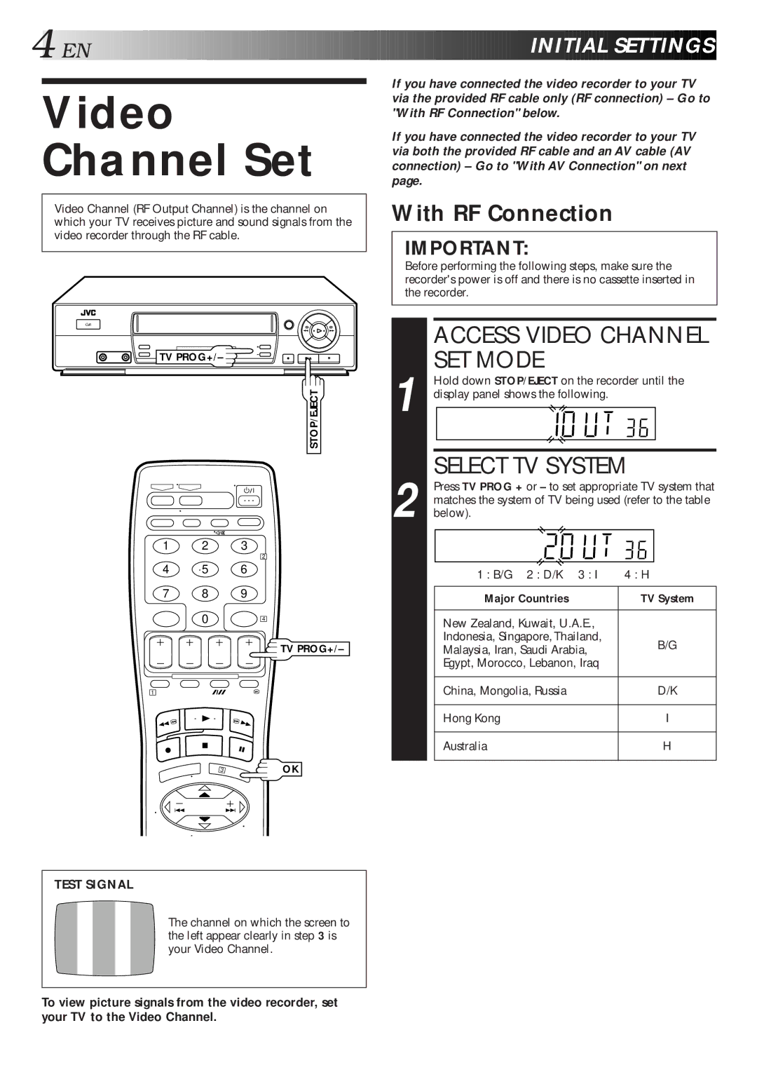 JVC HR-J461MS specifications Video Channel Set, Access Video Channel SET Mode, Select TV System, EN I Nitial Sett Ings 