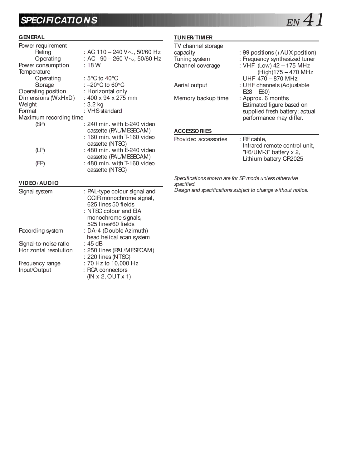 JVC HR-J461MS specifications Specification S 