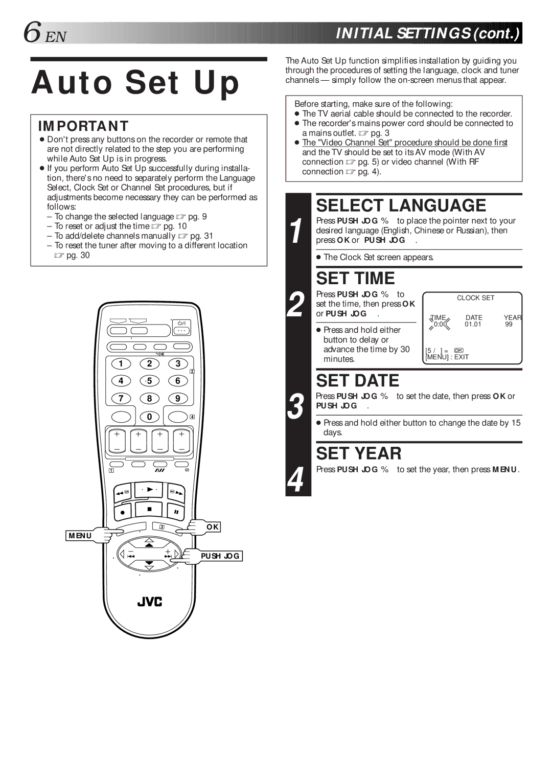 JVC HR-J461MS specifications Auto Set Up, Select Language, SET Time, SET Date, SET Year 