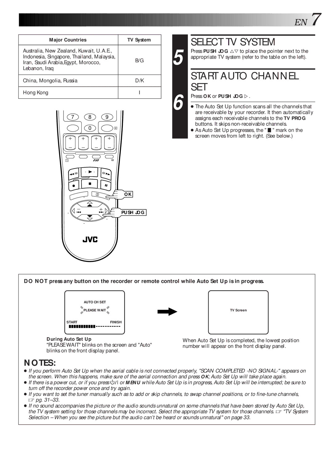 JVC HR-J461MS specifications Start Auto Channel SET, Major Countries TV System, Press OK or Push JOG Þ, During Auto Set Up 