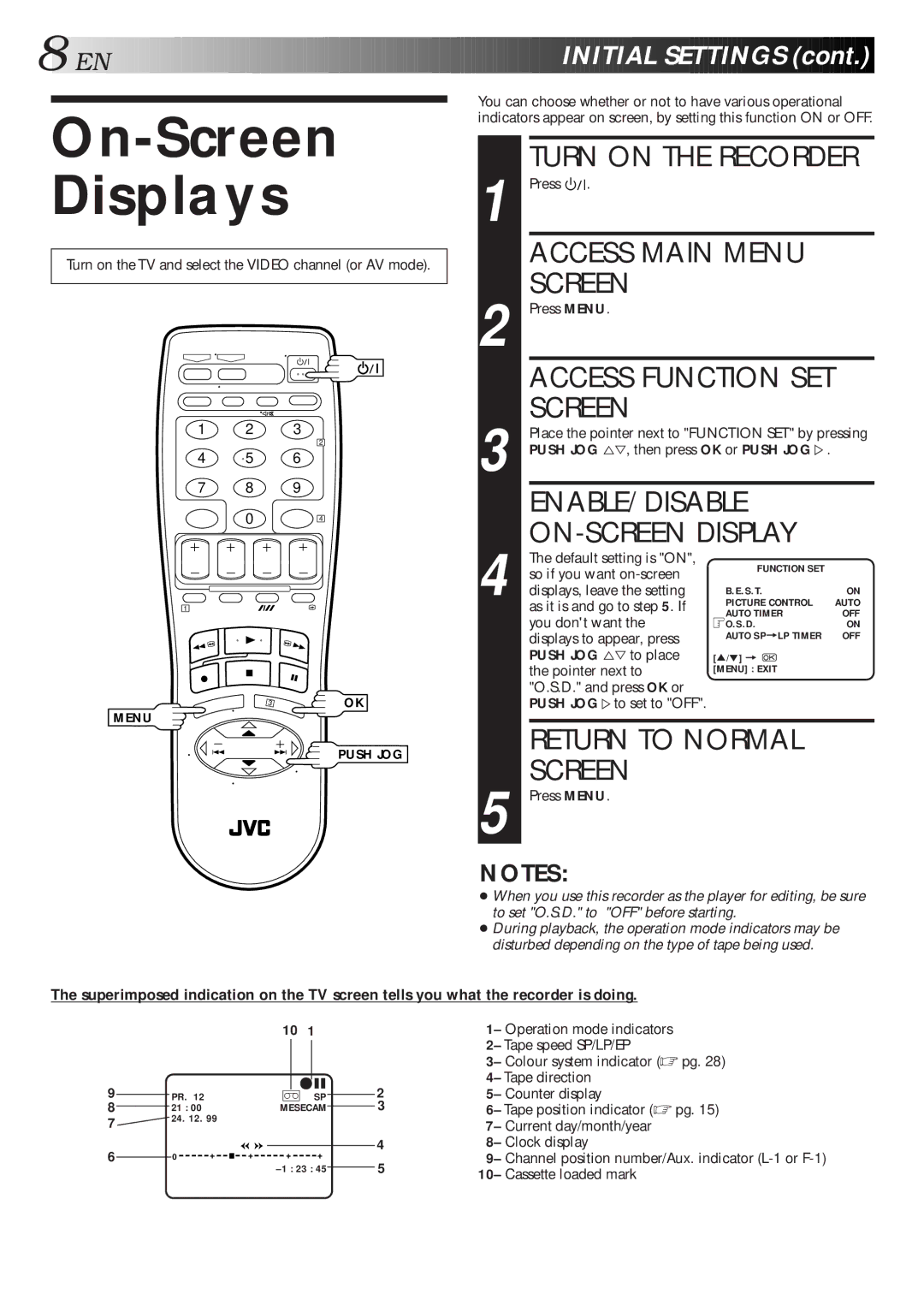 JVC HR-J461MS On-Screen Displays, Turn on the Recorder, Access Main Menu Screen, ENABLE/DISABLE ON-SCREEN Display 