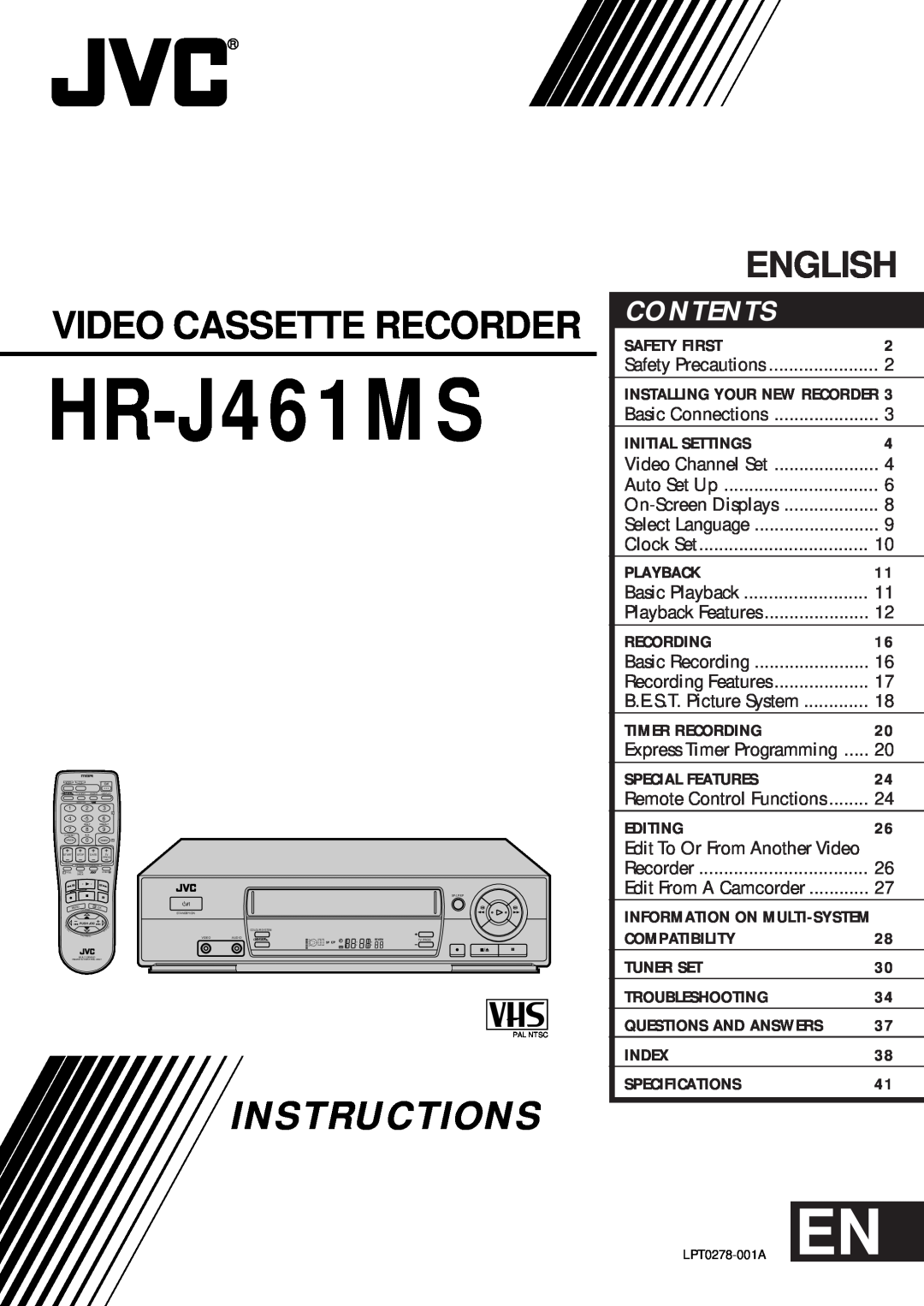 JVC HR-J461MS specifications Video Cassette Recorder, Instructions, English, Contents 