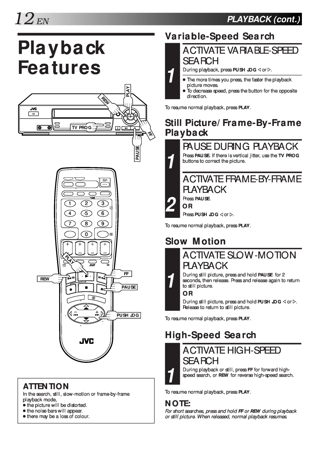 JVC HR-J461MS Playback Features, 12EN, Activate High-Speed Search, PLAYBACKcont, Variable-Speed Search, Slow Motion 