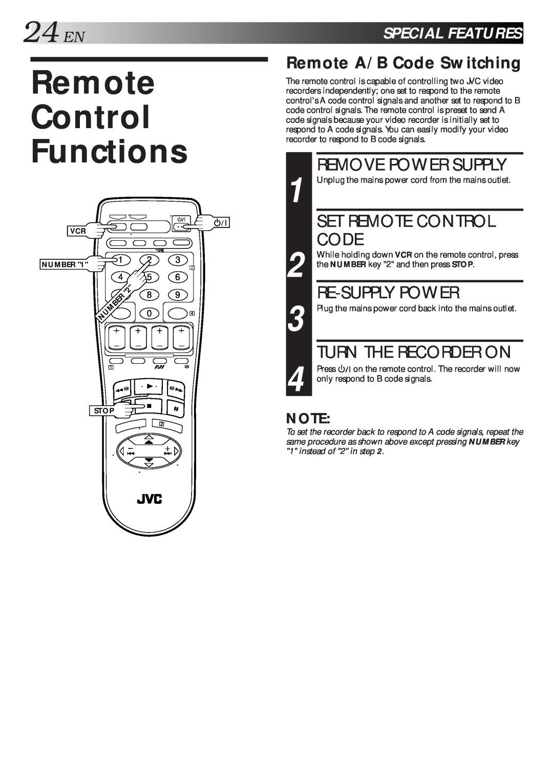JVC HR-J461MS Remote Control Functions, Remove Power Supply, Set Remote Control Code, Re-Supply Power, 24ENSPECIALFEATURES 