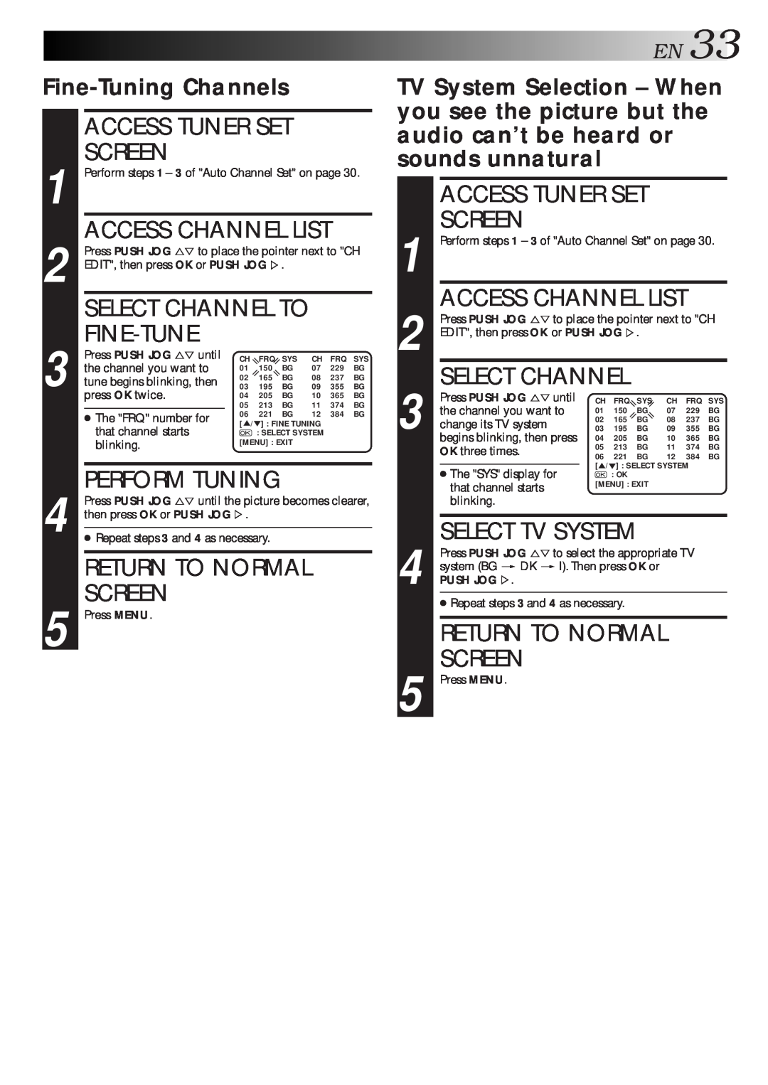 JVC HR-J461MS EN33, Fine-Tune, Fine-Tuning Channels, Select Channel To, Perform Tuning, Screen, Access Channel List 
