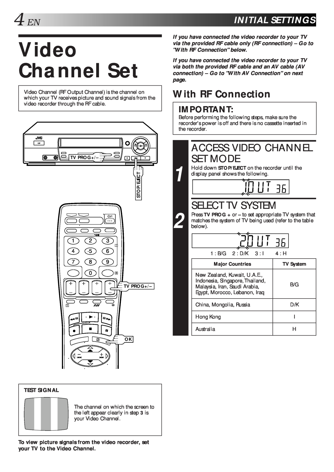 JVC HR-J461MS specifications Access Video Channel Set Mode, Select Tv System, 4ENINITIALSETTINGS, With RF Connection 
