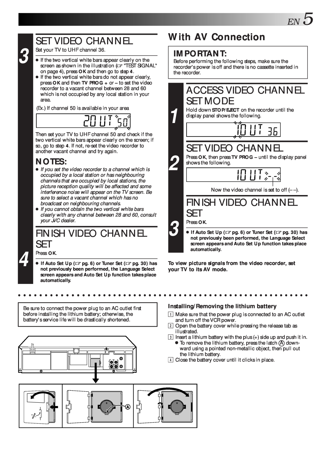 JVC HR-J461MS specifications Set Video Channel, Finish Video Channel Set, With AV Connection, Access Video Channel Set Mode 