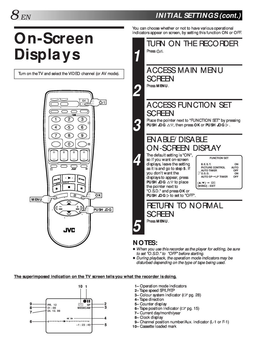 JVC HR-J461MS specifications On-Screen Displays, Turn On The Recorder, Access Main Menu, Enable/Disable, Return To Normal 