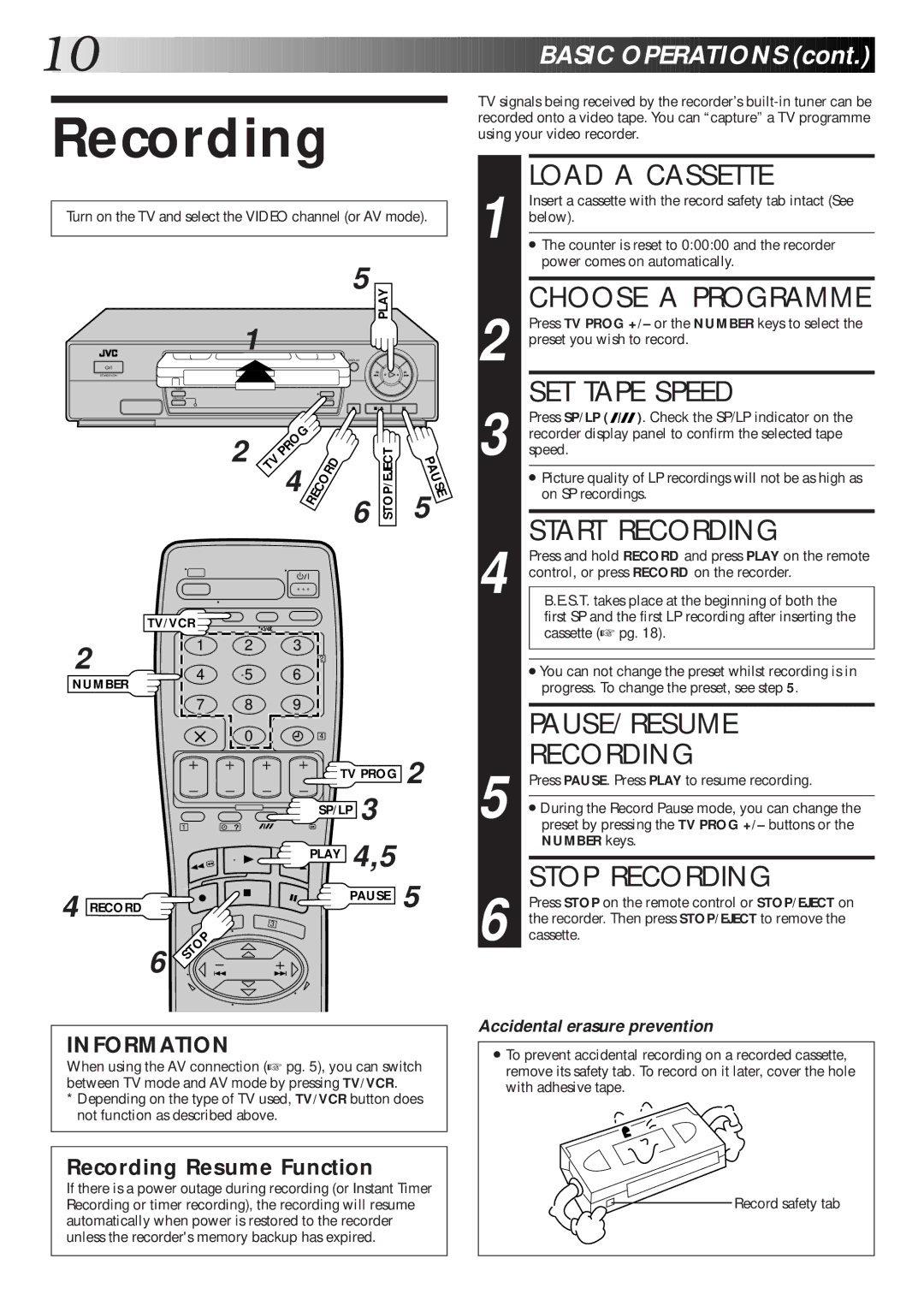 JVC HR-J265EK, HR-J465EK, HR-J265ES, HR-J260EK setup guide Recording 