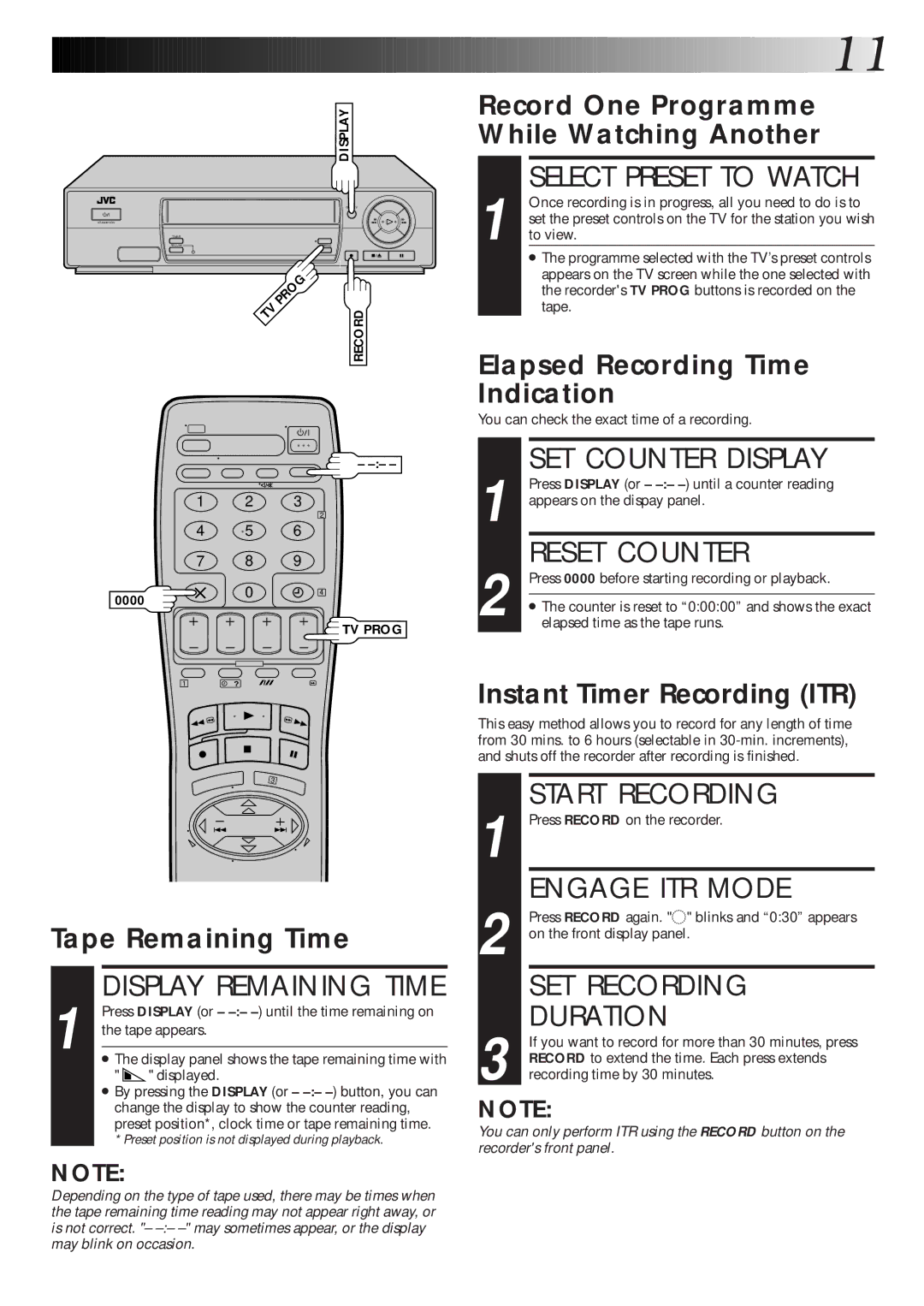 JVC HR-J260EK Select Preset to Watch, SET Counter Display, Reset Counter, Engage ITR Mode, Display Remaining Time 